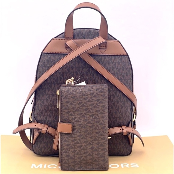 MICHAEL KORS JAYCEE MEDIUM BACKPACK and LARGE DOUBLE ZIP WALLET BROWN GOLD - Picture 5 of 16